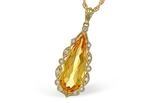 Elongated Pear Citrine and Diamond Vintage Style Pendant