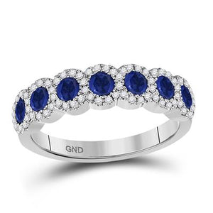 14K WHITE GOLD ROUND BLUE SAPPHIRE DIAMOND BAND STACKABLE 1-1/4 CTTW