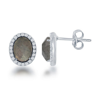 Sterling Silver Oval Green Labradorite with CZ Border Stud Earrings