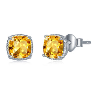 Sterling Silver 6MM Square Cushion-Cut, with Rope Detail Border Stud Earrings - Citrine
GEMSTONE
