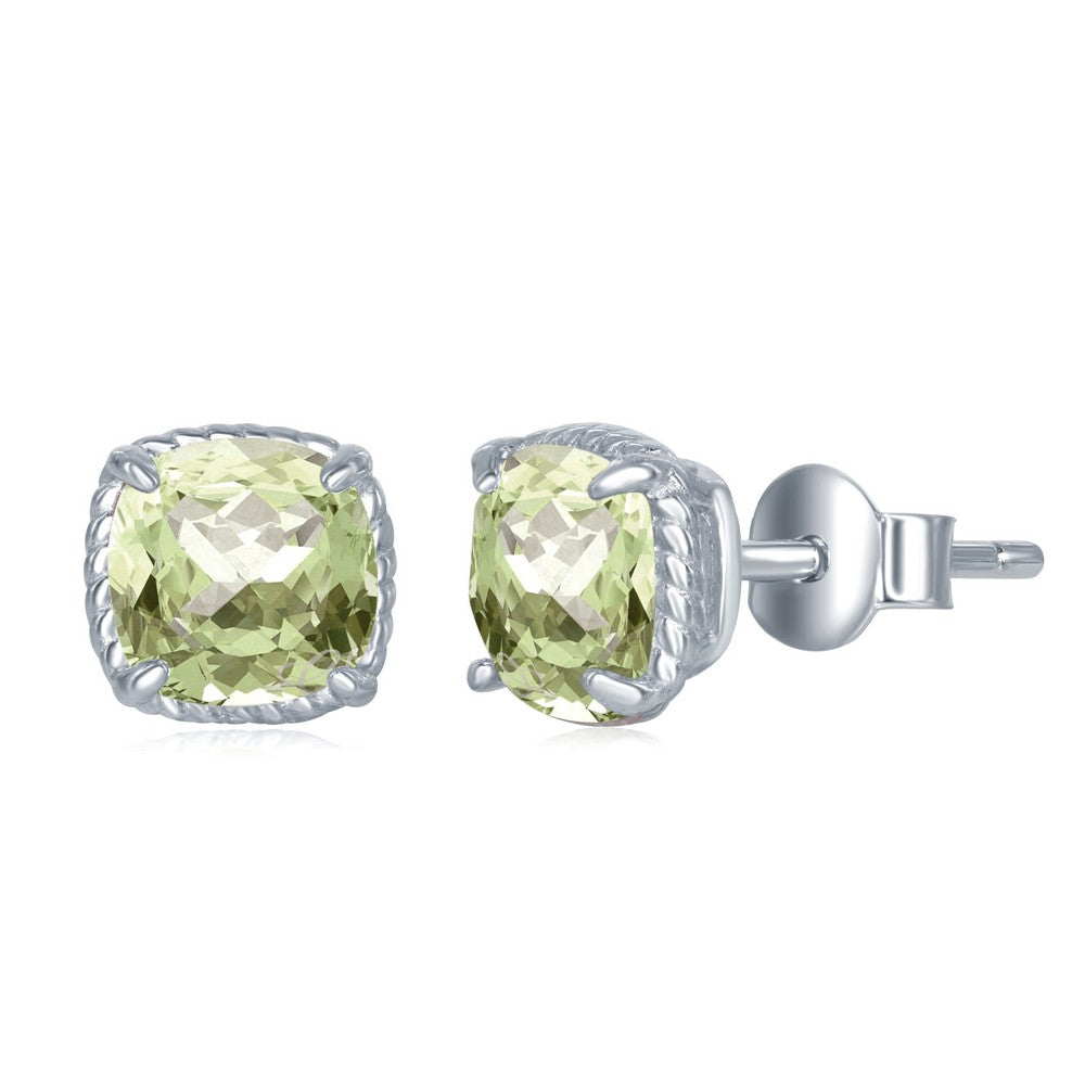 Sterling Silver 6MM Square Cushion-Cut, with Rope Detail Border Stud Earrings - Green Amethyst