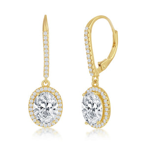 Sterling Silver Oval CZ Halo Dangling Earrings - Gold Plated
