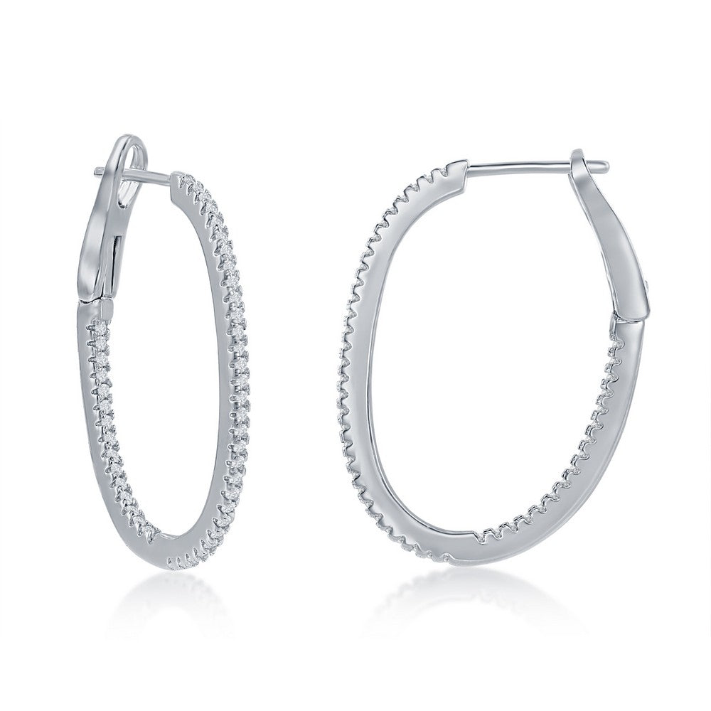 Sterling Silver Ultra-Thin 30mm Hoop CZ Earrings - Oval