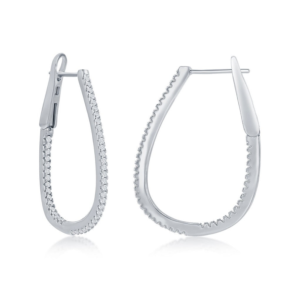 Sterling Silver Ultra-Thin 30mm Hoop CZ Earrings - Pear-Shaped
