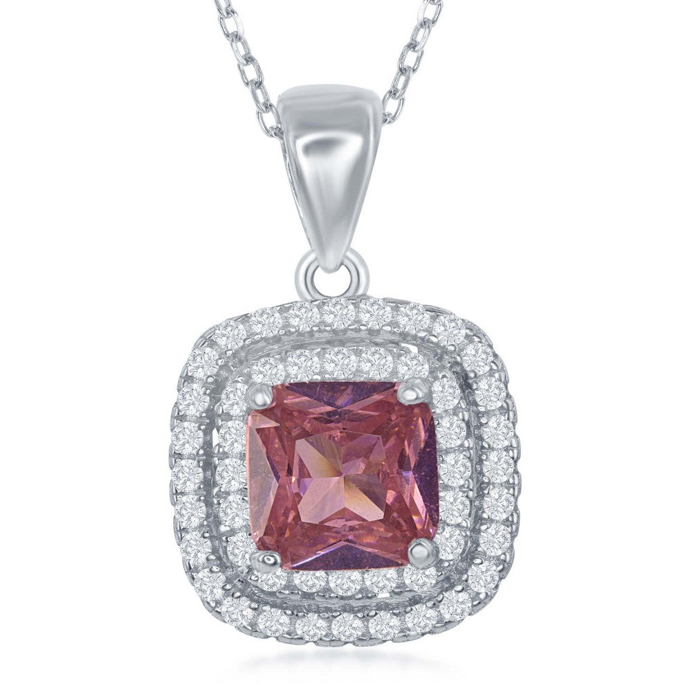 Sterling Silver Double CZ Square Border with Center Pink CZ Pendant