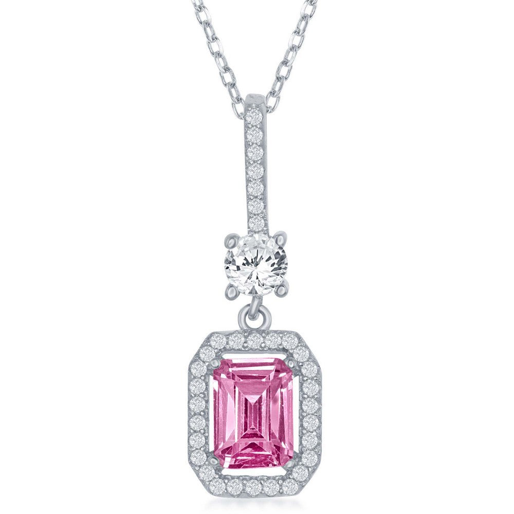 Sterling Silver Center Emerald-Cut Pink CZ with CZ Border Pendant