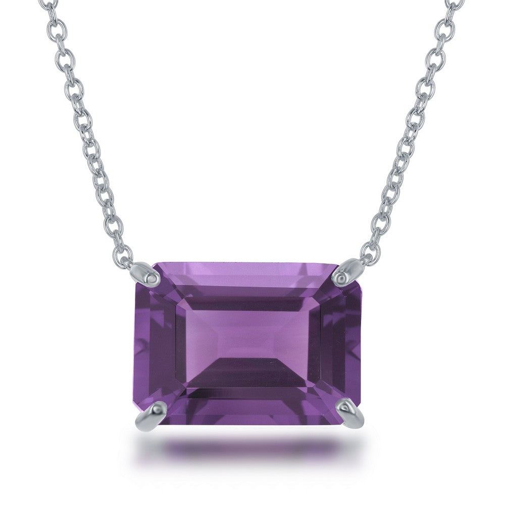 Sterling Silver Rectangle Amethyst Prong Set Necklace