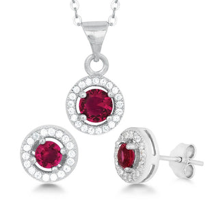 Sterling Silver Round Pendant and Earrings Set W/Chain - Red CZ