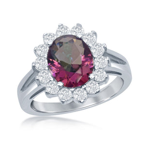 Sterling Silver Oval Rainbow CZ with Clear CZ Border Stud Ring