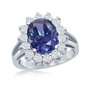 Sterling Silver Oval Tanzanite CZ with Clear CZ Border Stud Ring