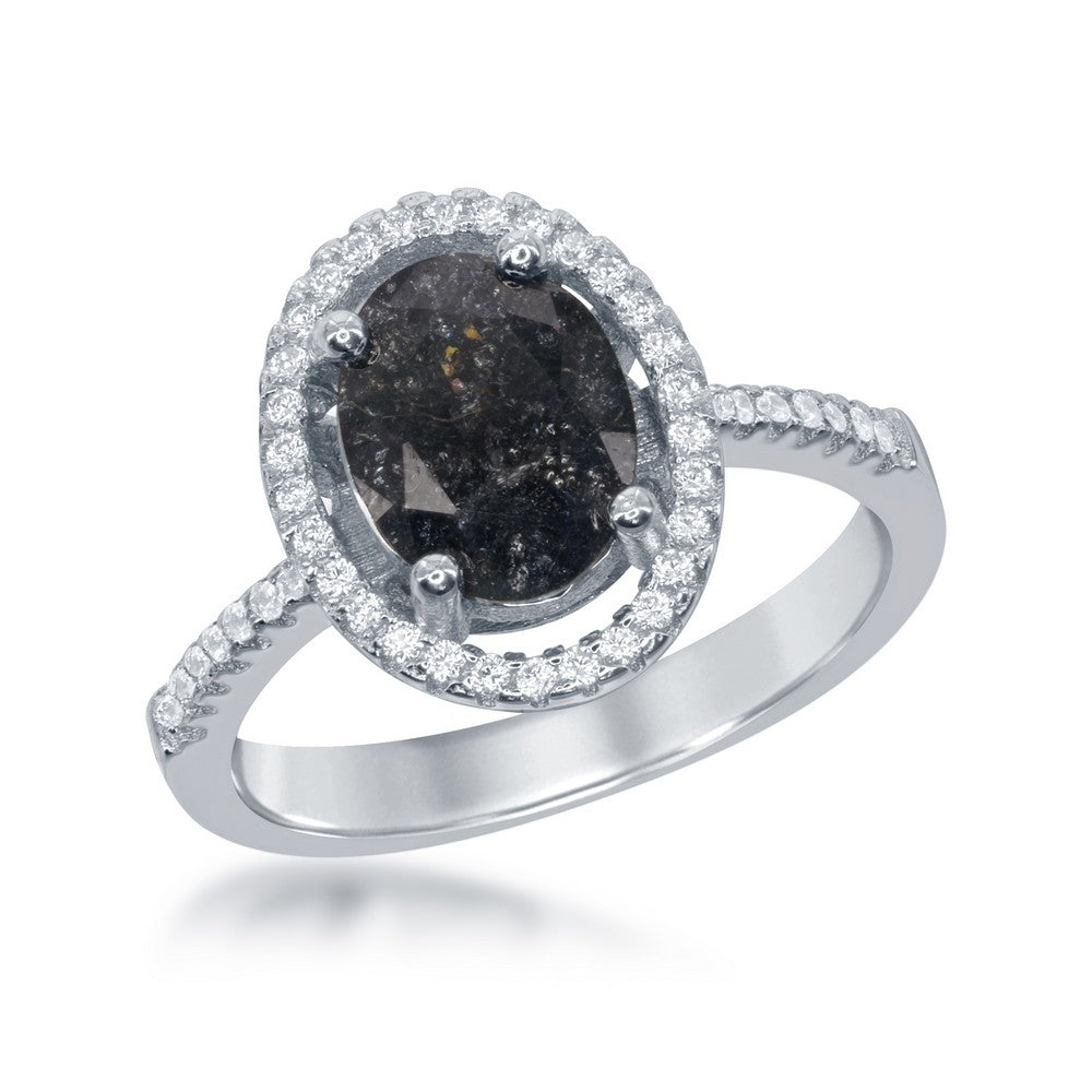 Sterling Silver Oval Black Ice with CZ Border Ring