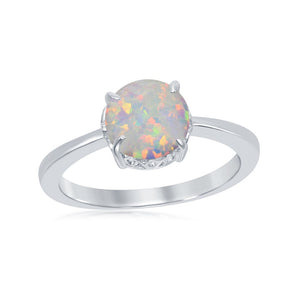 Sterling Silver Four-Prong Round White Inlay Opal Ring