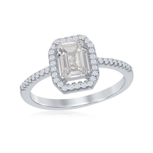 W-1880 Sterling Silver Emerald-Cut White CZ with CZ Border Ring
