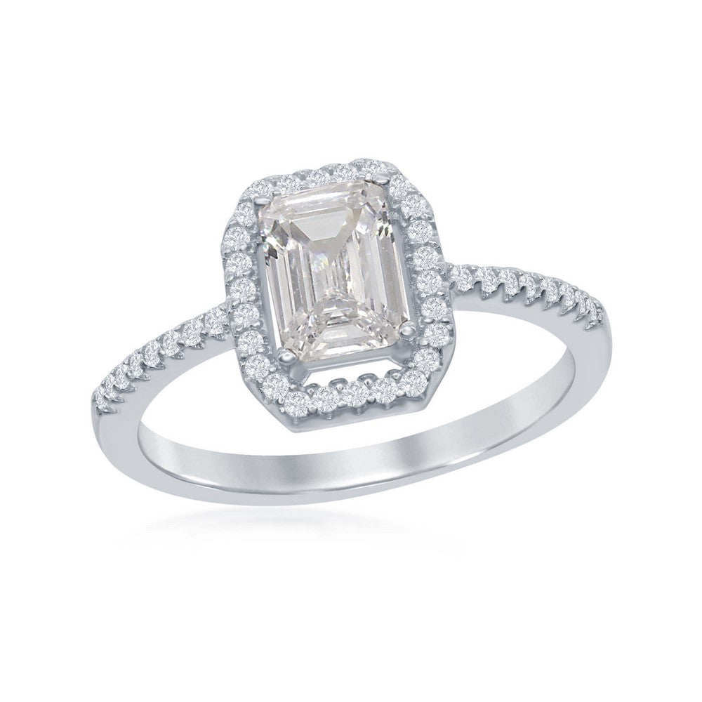 W-1880 Sterling Silver Emerald-Cut White CZ with CZ Border Ring