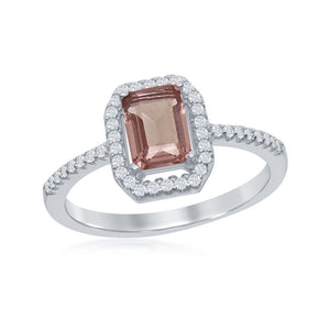 Sterling Silver Emerald-Cut Tourmaline CZ with CZ Border Ring