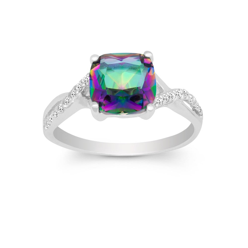 Sterling Silver Square Rainbow CZ with Clear CZs Ring