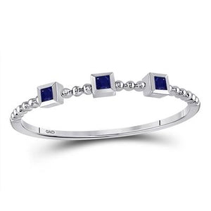 10K WHITE GOLD PRINCESS BLUE SAPPHIRE 3-STONE BEADED STACKABLE BAND RING 1/20 CTTW